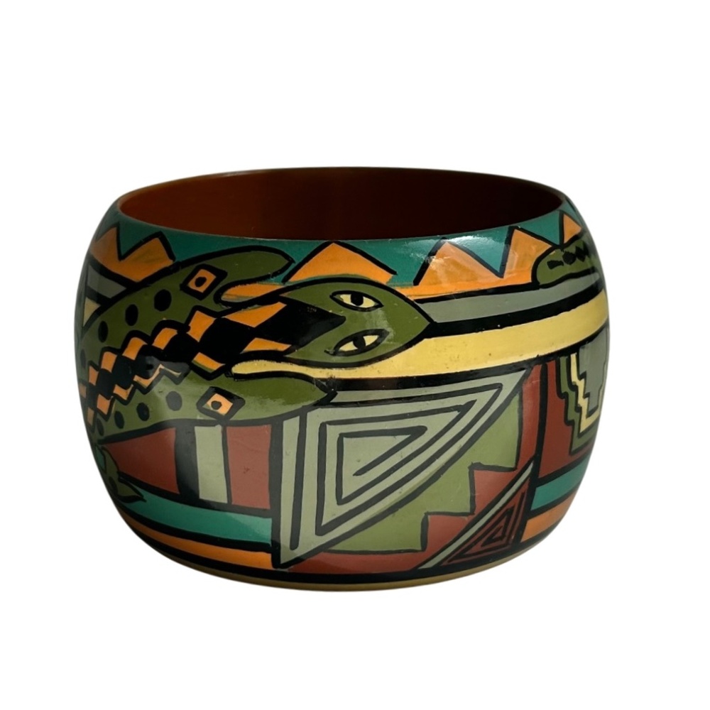 Handpainted Artisan Aztec Snake Pattern Green Bro… - image 1
